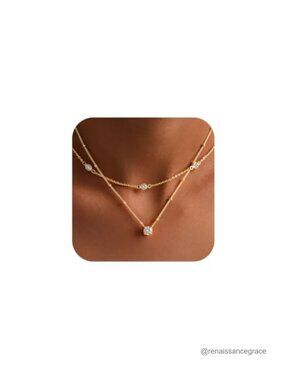 14K Gold Plated Dainty CZ Layered Necklace Set for Women